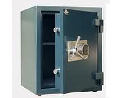 Blue-grey high-security safe standing with its door open
